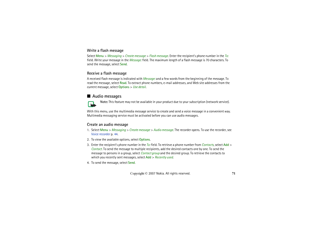Nokia 6234 manual Audio messages, Write a flash message, Receive a flash message, Create an audio message 