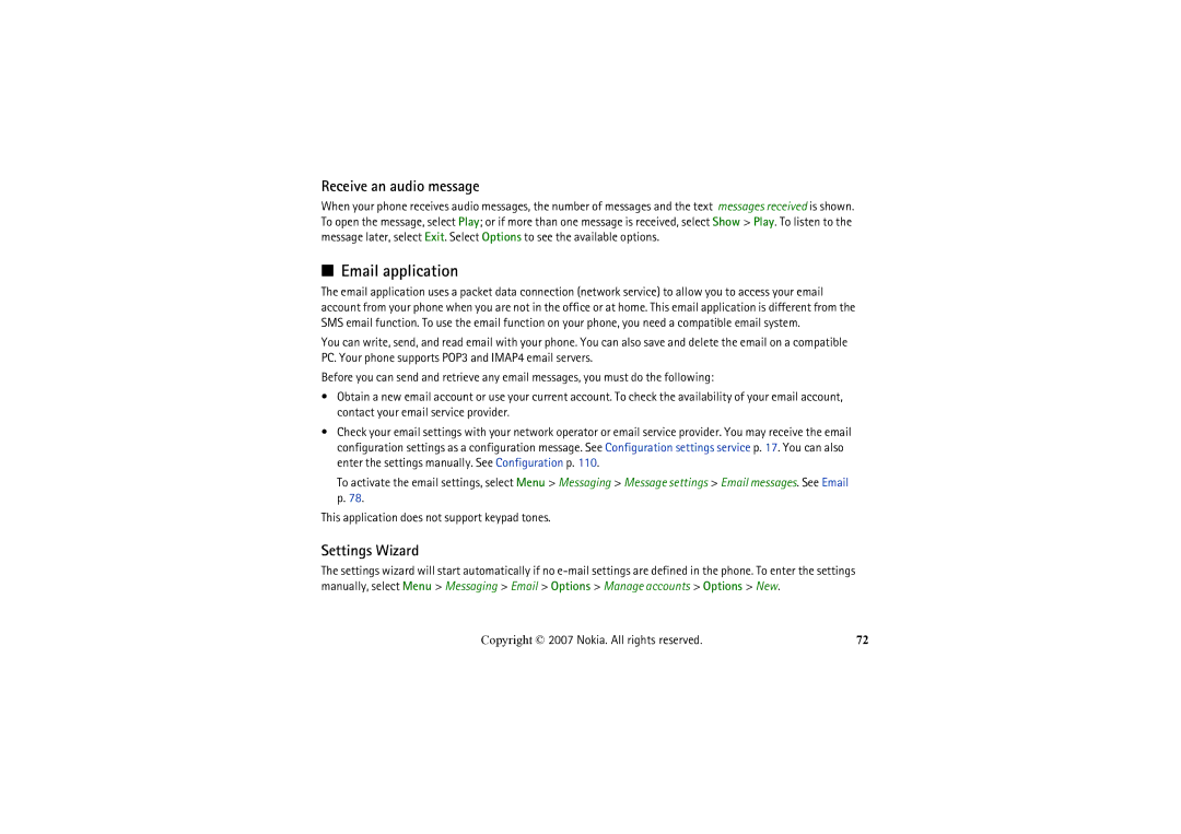 Nokia 6234 manual Email application, Receive an audio message, Settings Wizard 