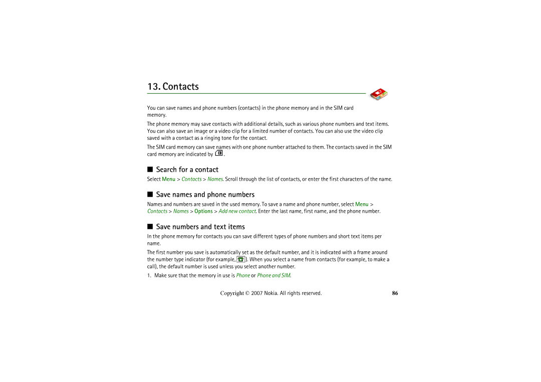 Nokia 6234 manual Contacts, Search for a contact, Save names and phone numbers, Save numbers and text items 