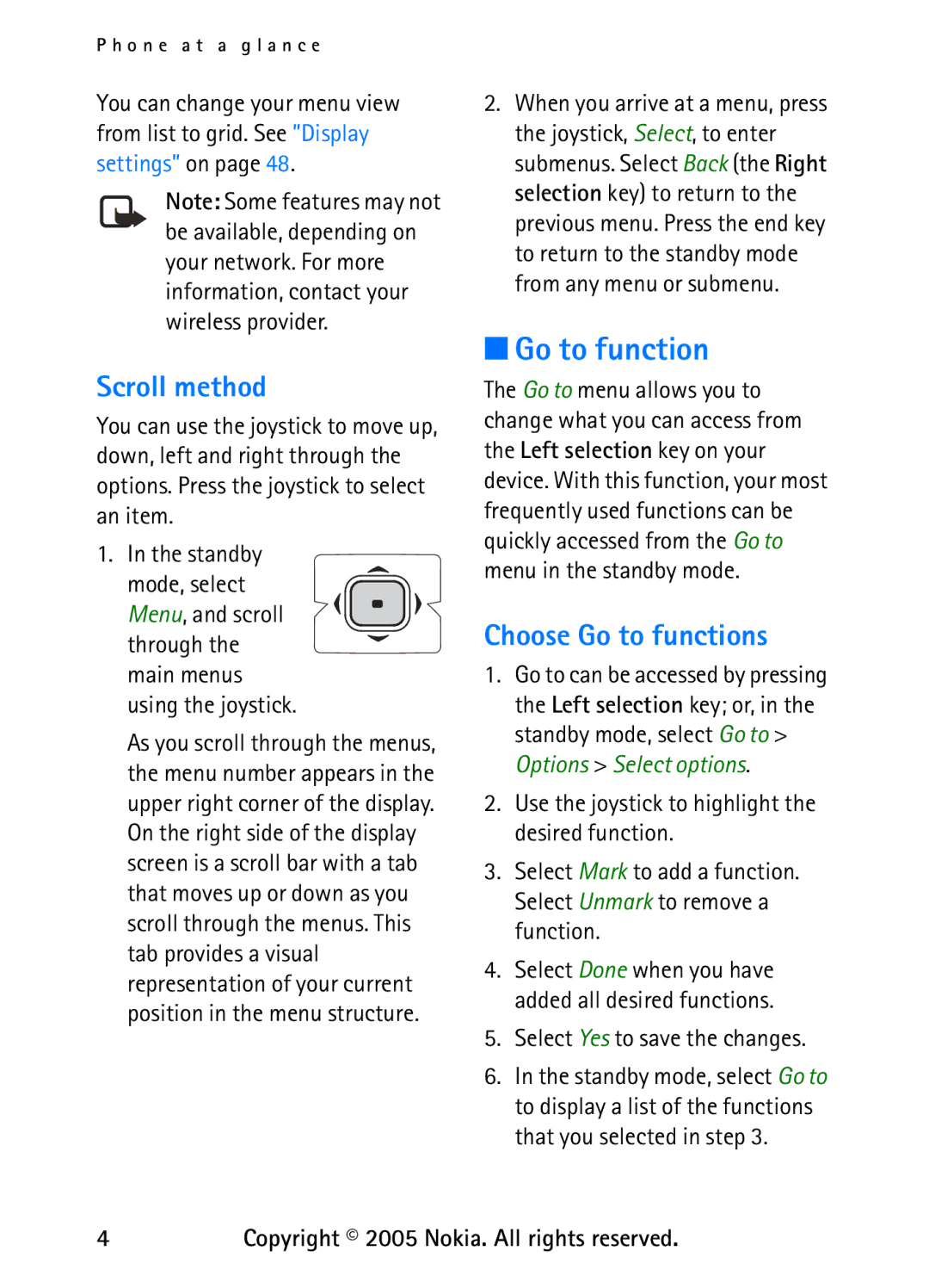 Nokia 6235 manual Scroll method, Choose Go to functions, Select Yes to save the changes 