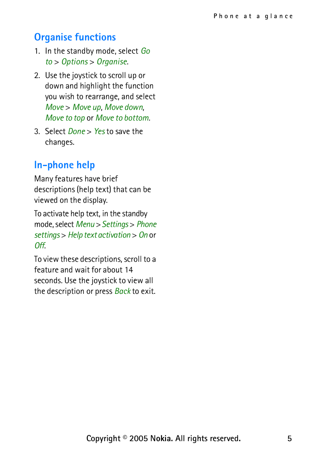 Nokia 6235 manual Organise functions, In-phone help, Select Done Yes to save the changes 