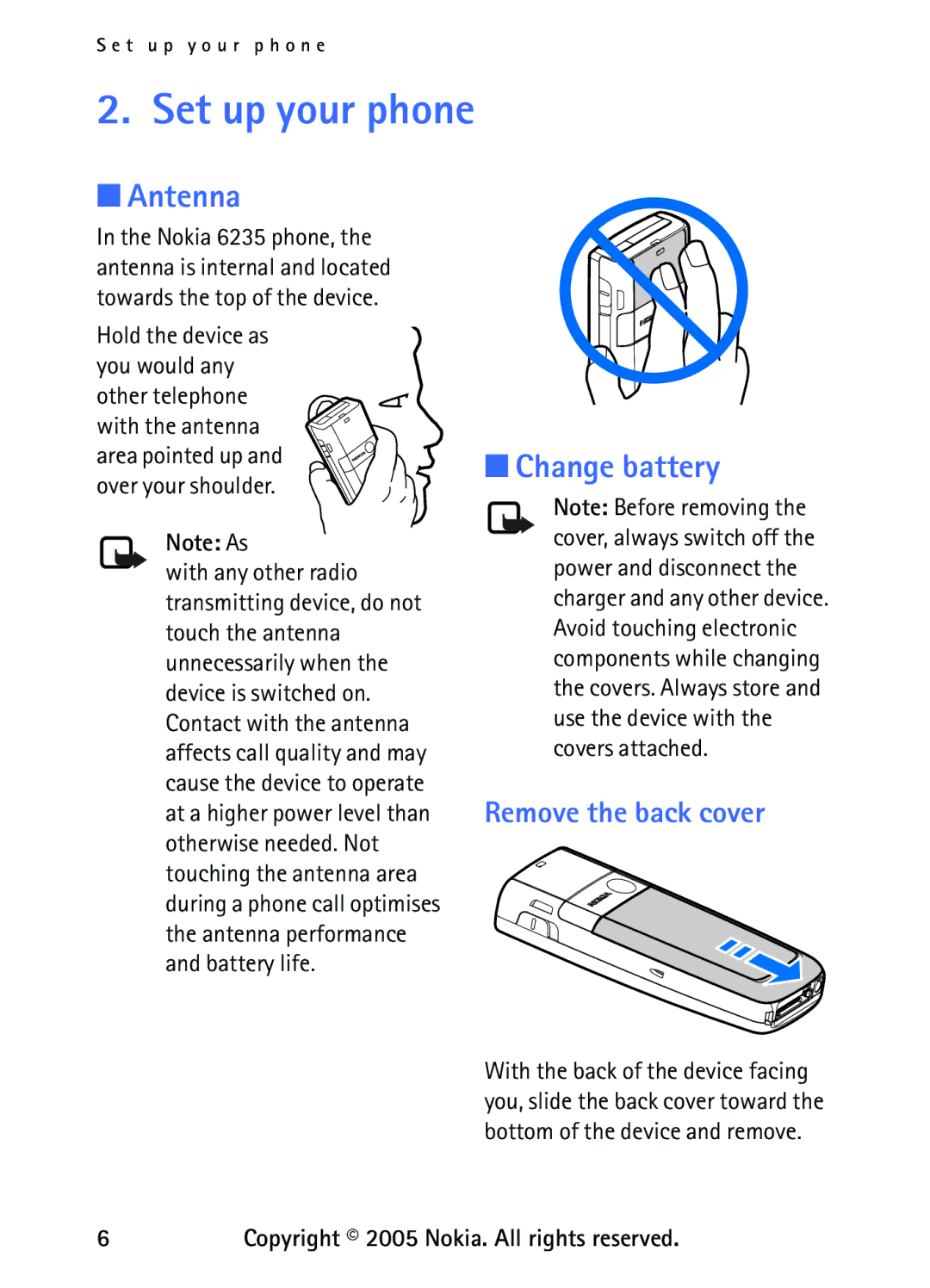 Nokia 6235 manual Set up your phone, Antenna, Change battery, Remove the back cover 