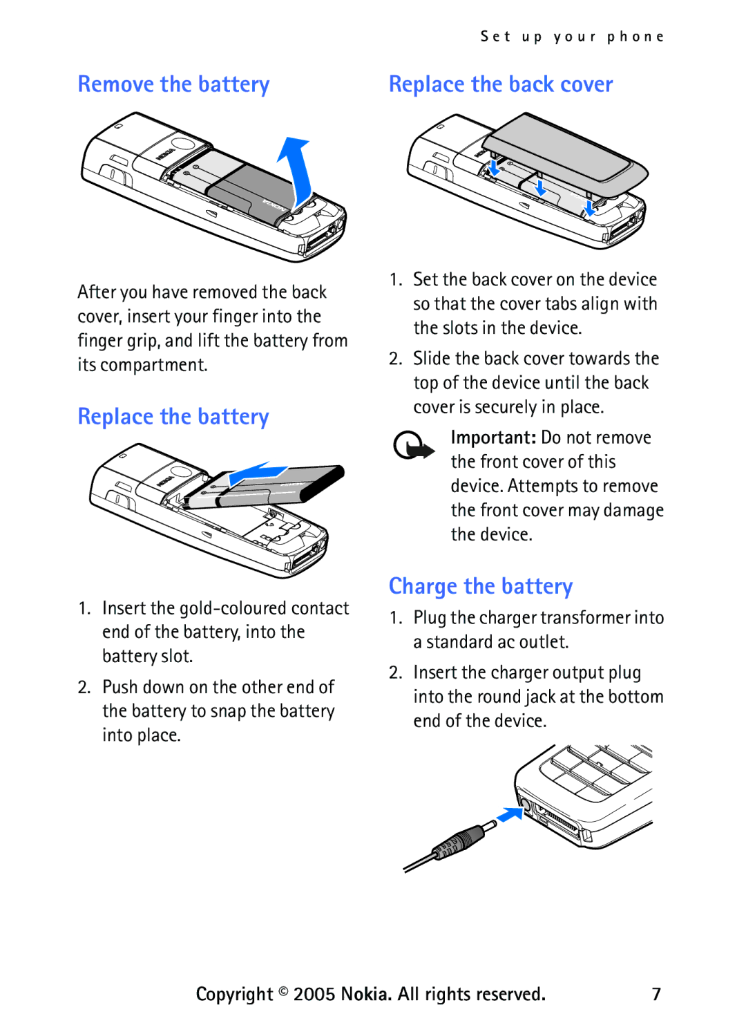 Nokia 6235 manual Remove the battery Replace the back cover, Replace the battery, Charge the battery 