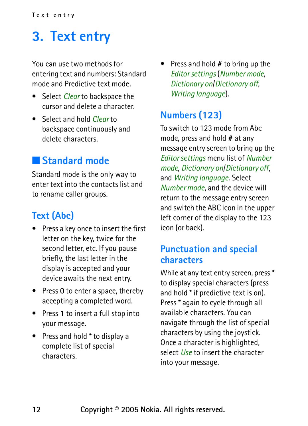 Nokia 6235 manual Text entry, Standard mode, Text Abc, Numbers, Punctuation and special characters 