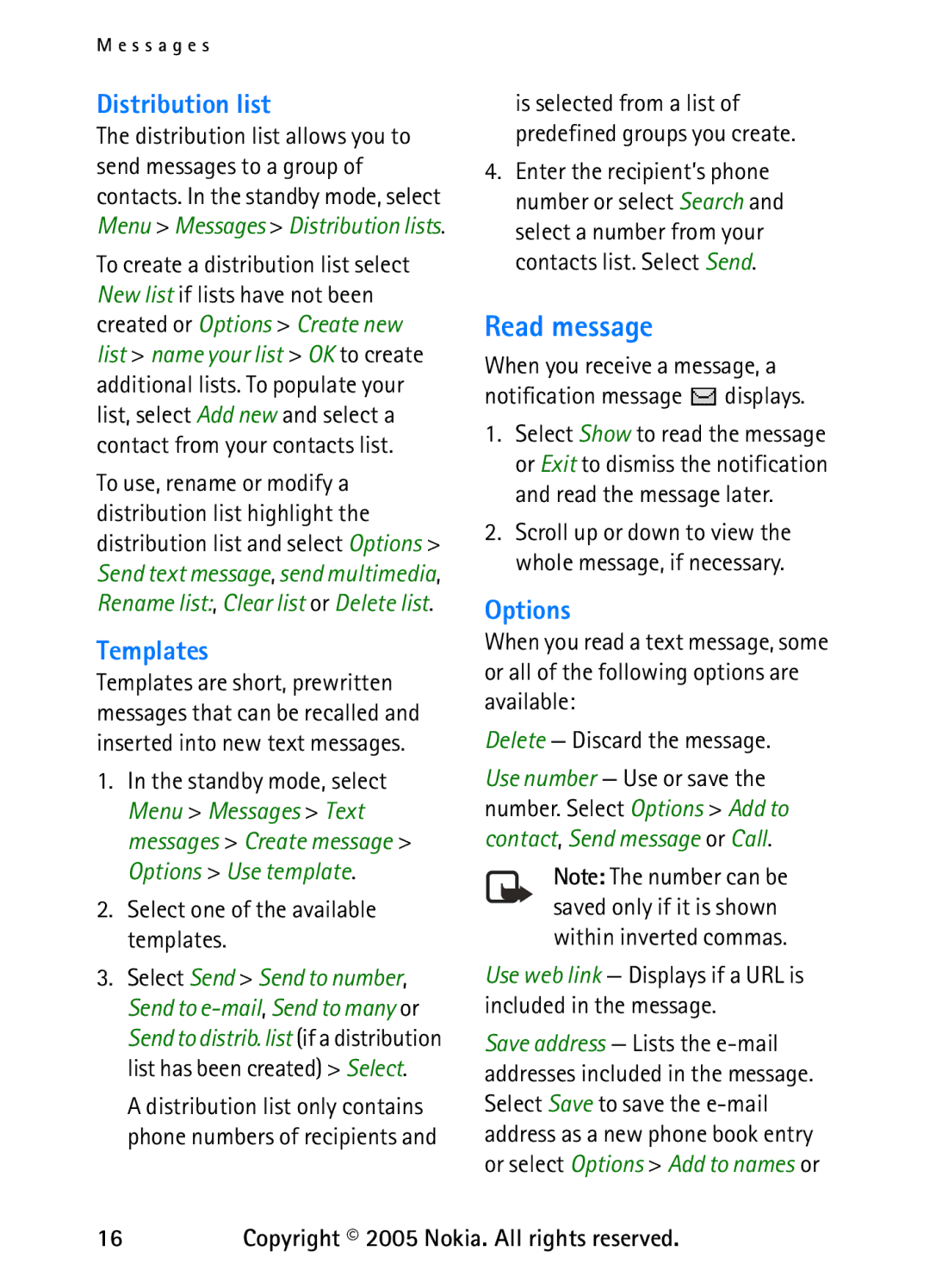 Nokia 6235 manual Read message, Distribution list, Templates, Options 