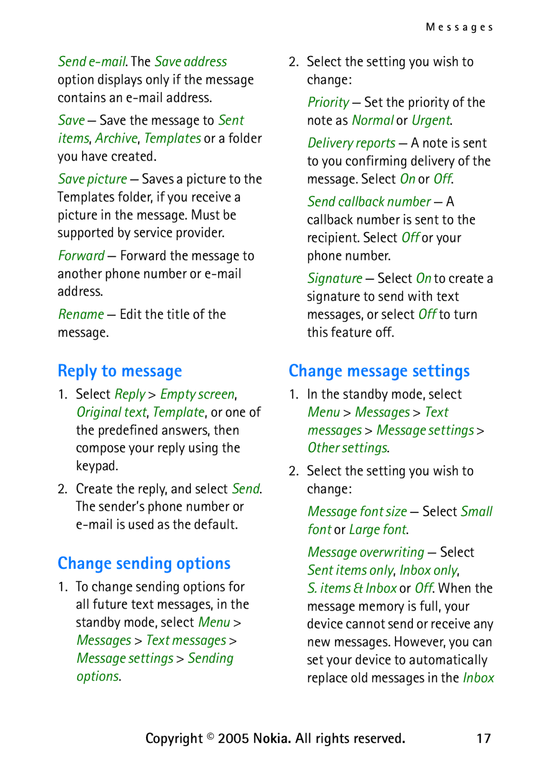 Nokia 6235 manual Reply to message, Change sending options, Change message settings, Select the setting you wish to change 