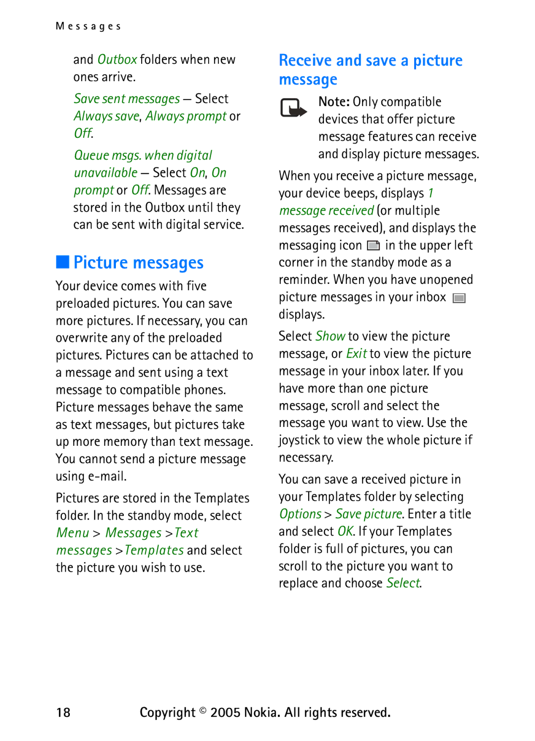 Nokia 6235 manual Picture messages, Receive and save a picture message, Outbox folders when new ones arrive 