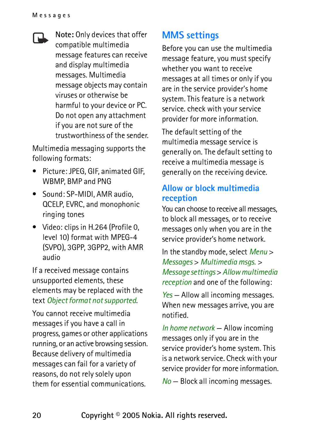 Nokia 6235 manual MMS settings, Allow or block multimedia reception, No Block all incoming messages 