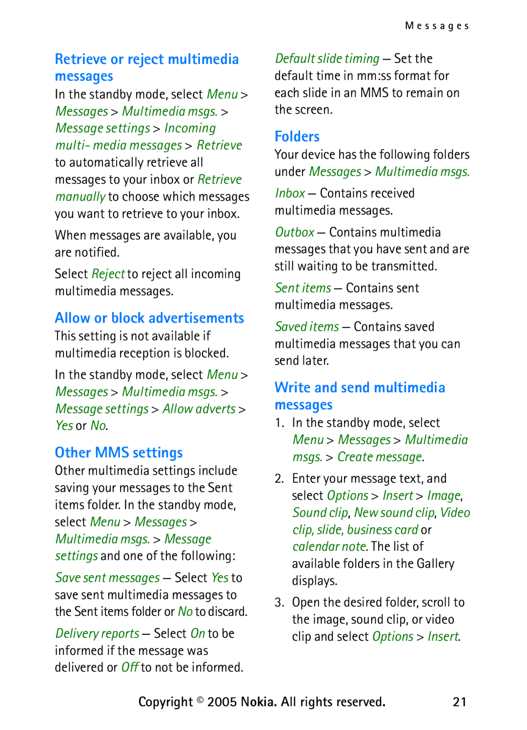 Nokia 6235 manual Retrieve or reject multimedia messages, Other MMS settings, Folders, Write and send multimedia messages 