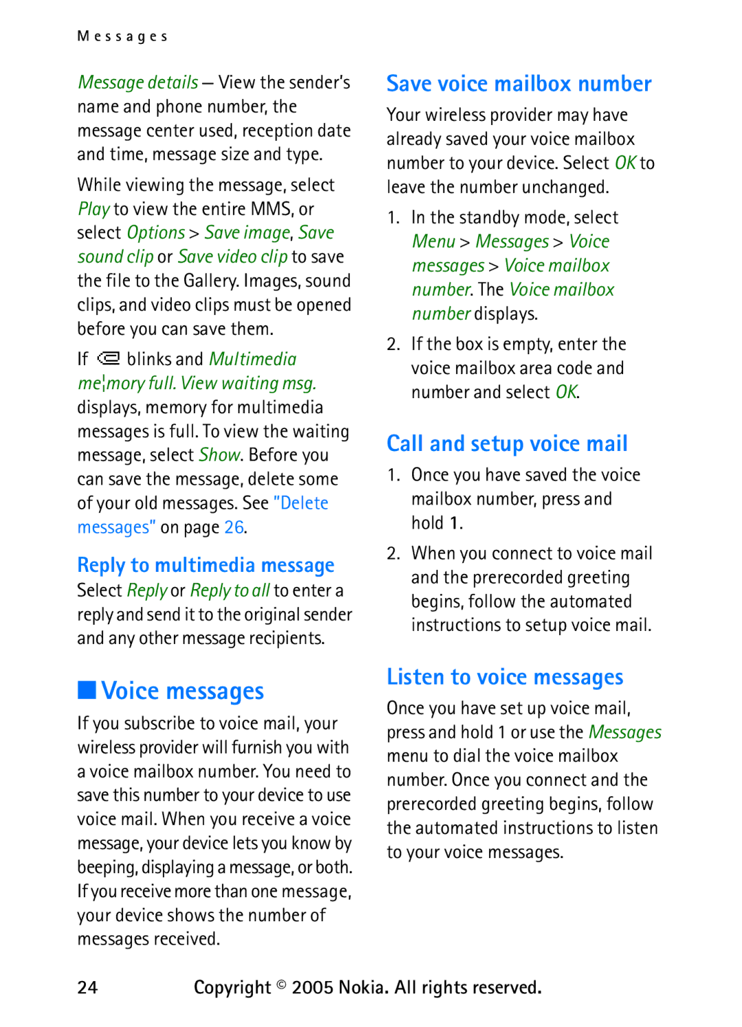 Nokia 6235 manual Voice messages, Save voice mailbox number, Call and setup voice mail, Listen to voice messages 