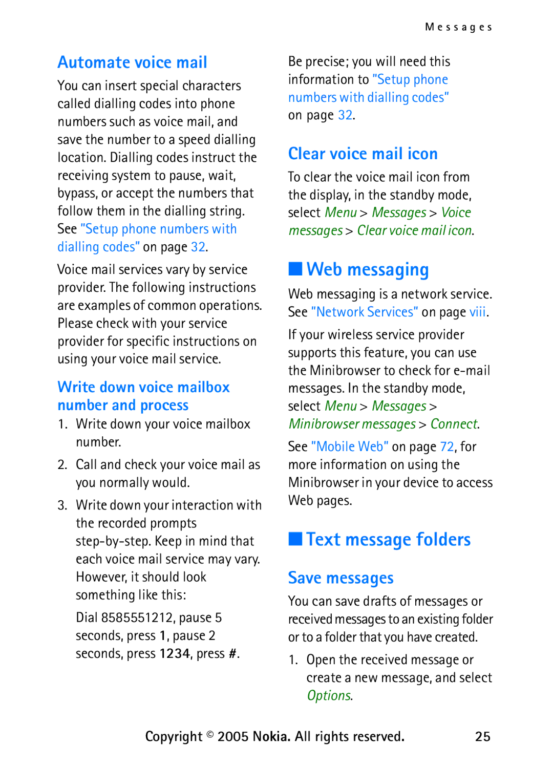 Nokia 6235 manual Web messaging, Text message folders, Automate voice mail, Clear voice mail icon, Save messages 