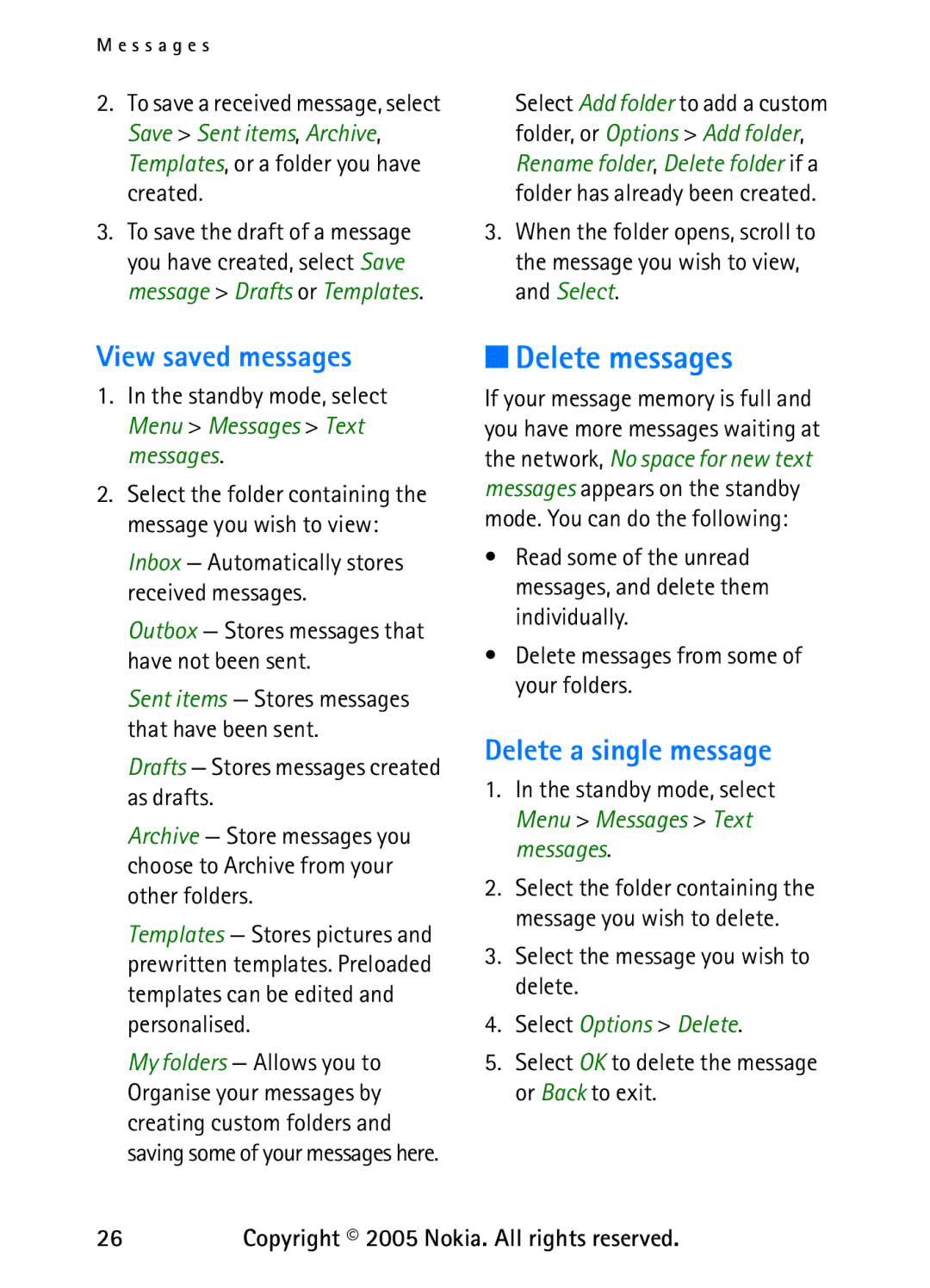 Nokia 6235 manual Delete messages, View saved messages, Delete a single message 
