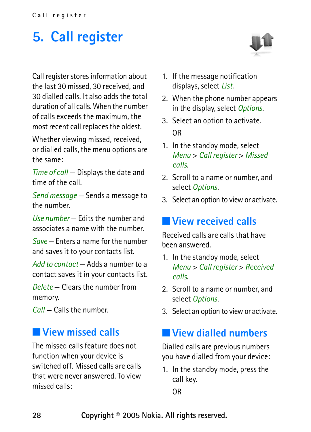 Nokia 6235 manual Call register, View received calls, View missed calls, View dialled numbers 