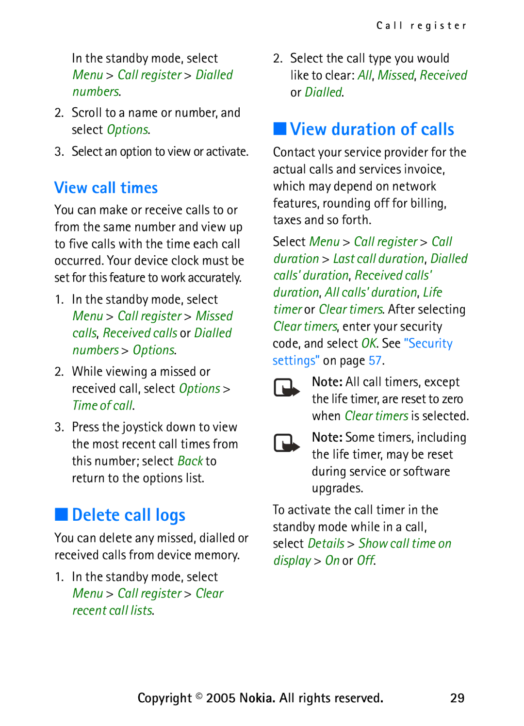 Nokia 6235 manual Delete call logs, View duration of calls, View call times 
