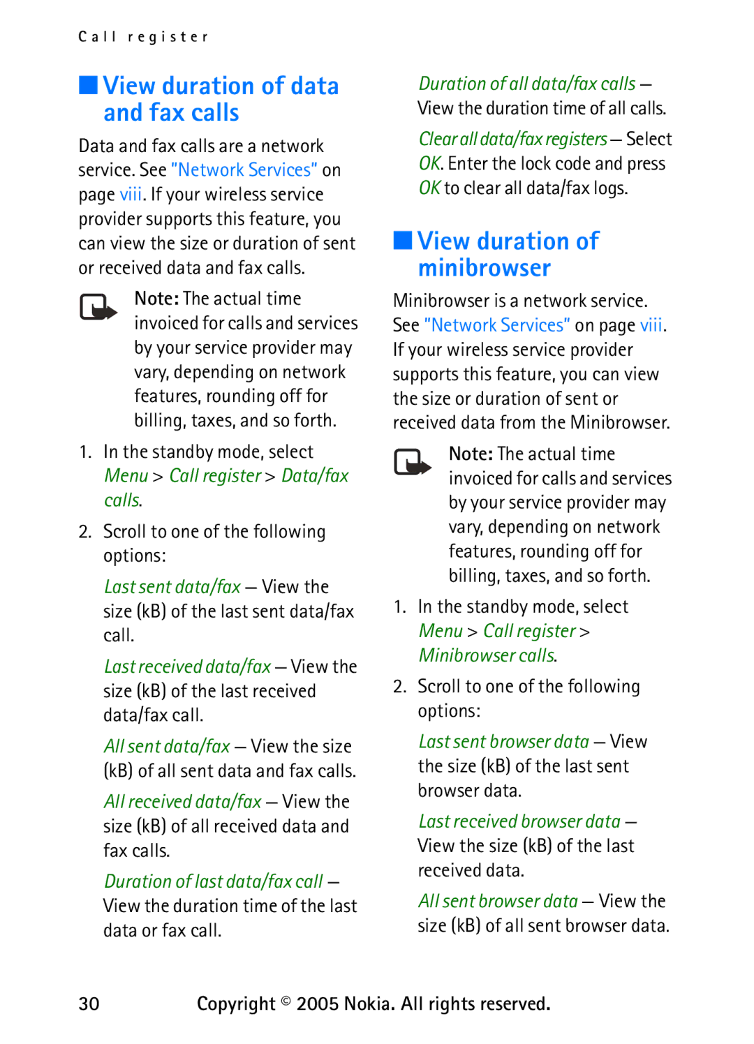 Nokia 6235 manual View duration of data and fax calls, View duration of minibrowser 