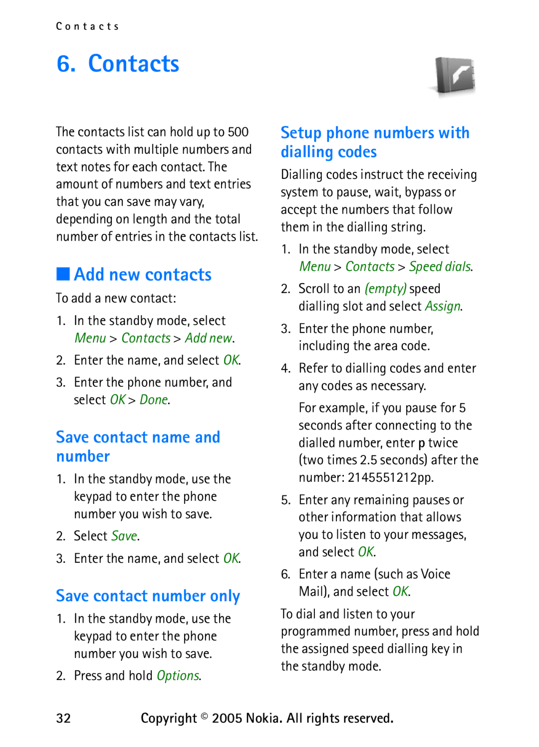 Nokia 6235 manual Contacts, Add new contacts, Save contact name and number, Save contact number only 