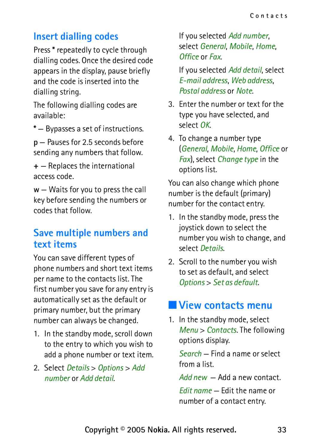 Nokia 6235 manual View contacts menu, Insert dialling codes, Save multiple numbers and text items 