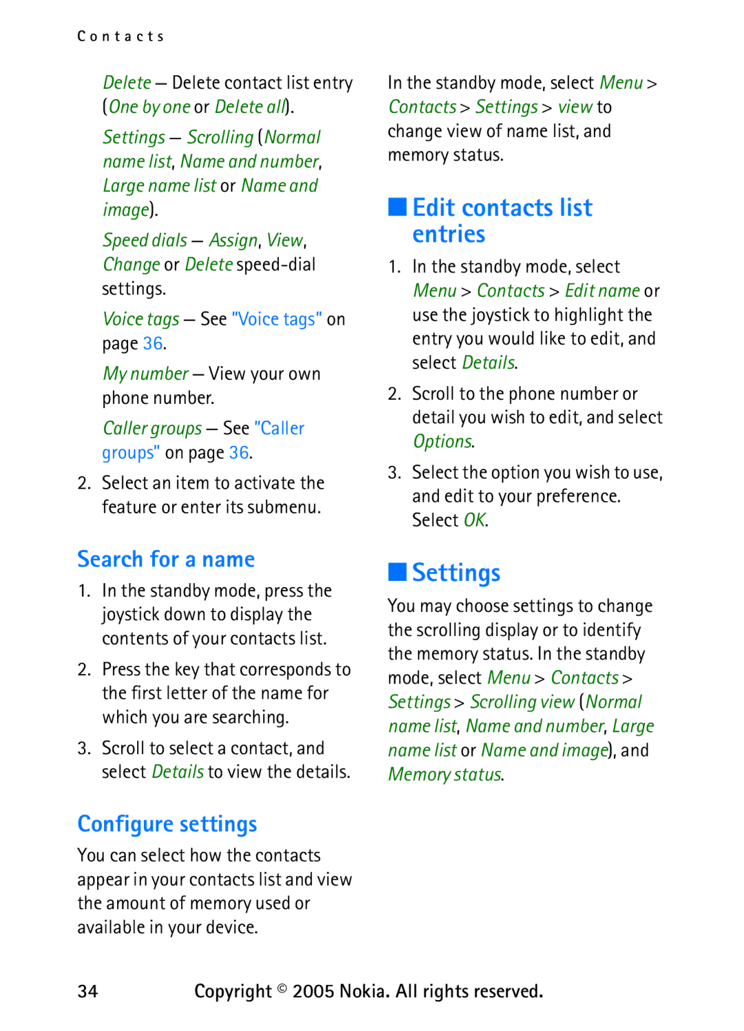 Nokia 6235 manual Edit contacts list entries, Settings, Search for a name, Configure settings 