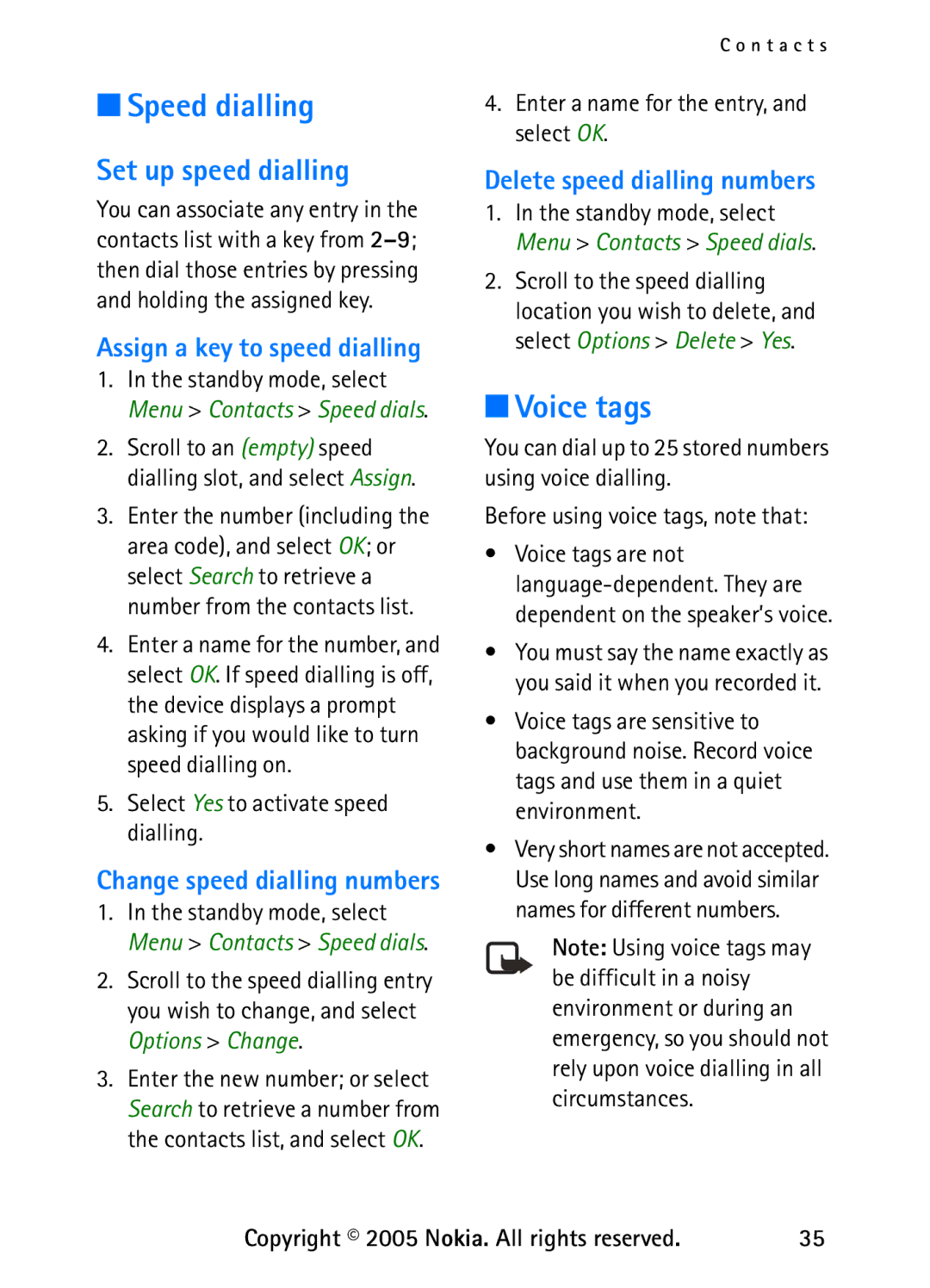 Nokia 6235 manual Speed dialling, Voice tags, Set up speed dialling, Assign a key to speed dialling 