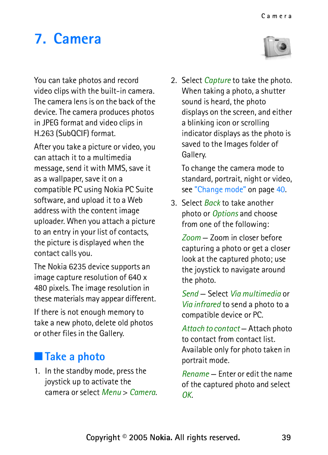 Nokia 6235 manual Camera, Take a photo 