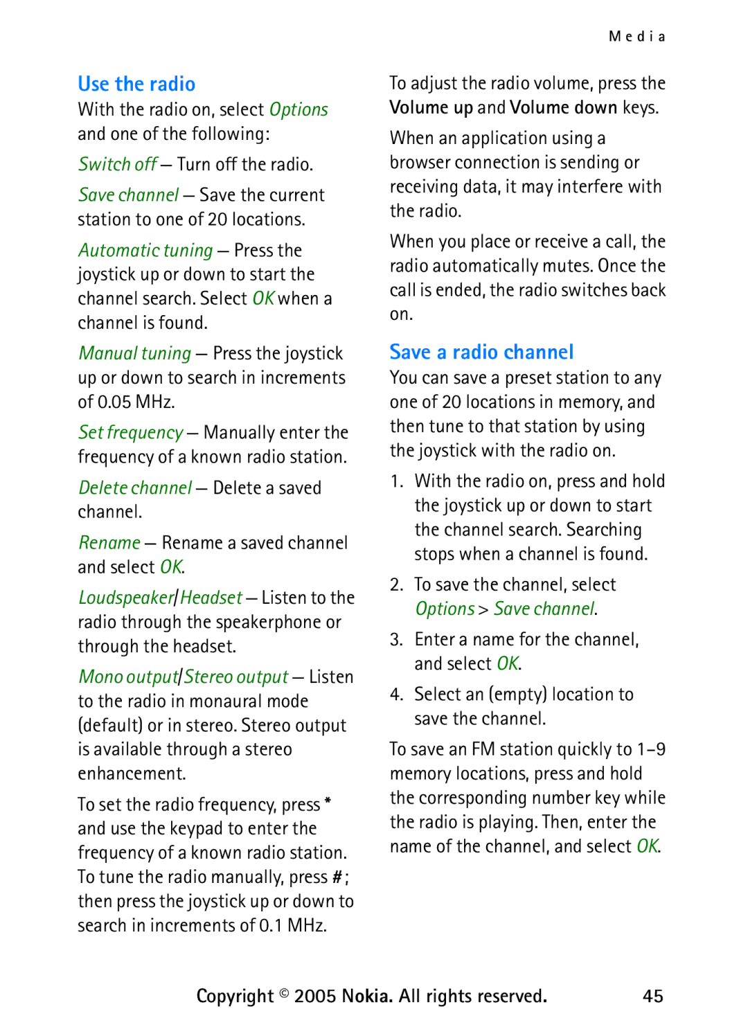 Nokia 6235 Use the radio, Save a radio channel, Switch off Turn off the radio, Rename Rename a saved channel and select OK 