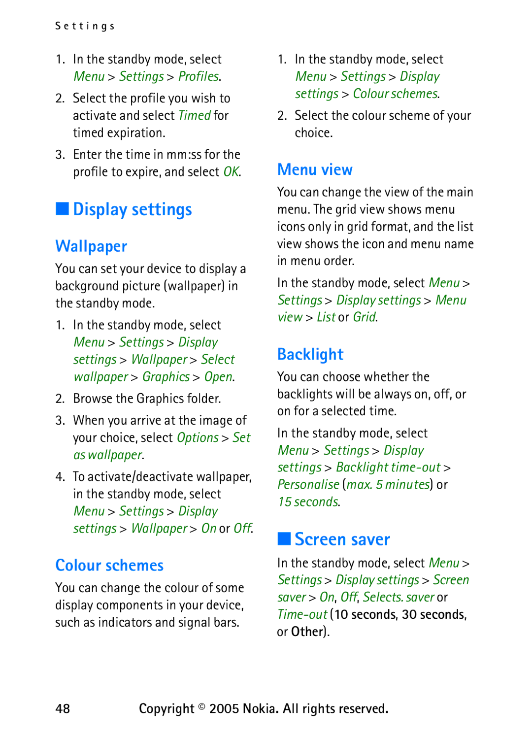 Nokia 6235 manual Display settings, Screen saver 