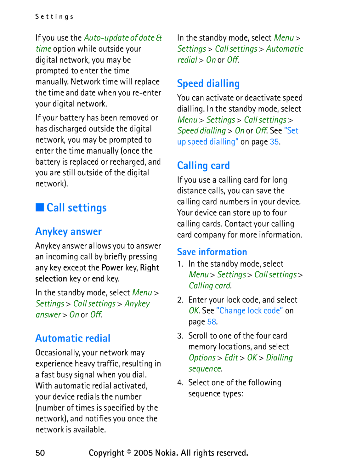 Nokia 6235 manual Call settings, Anykey answer, Automatic redial, Speed dialling, Calling card 