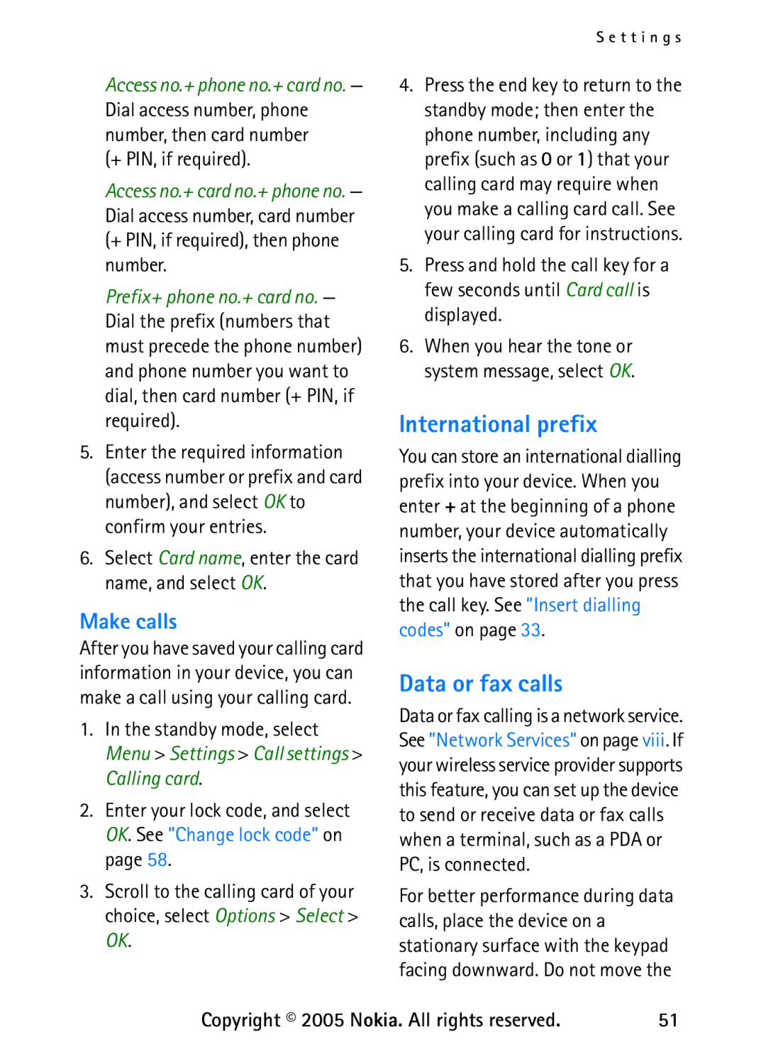 Nokia 6235 manual International prefix, Data or fax calls, Make calls, + PIN, if required 