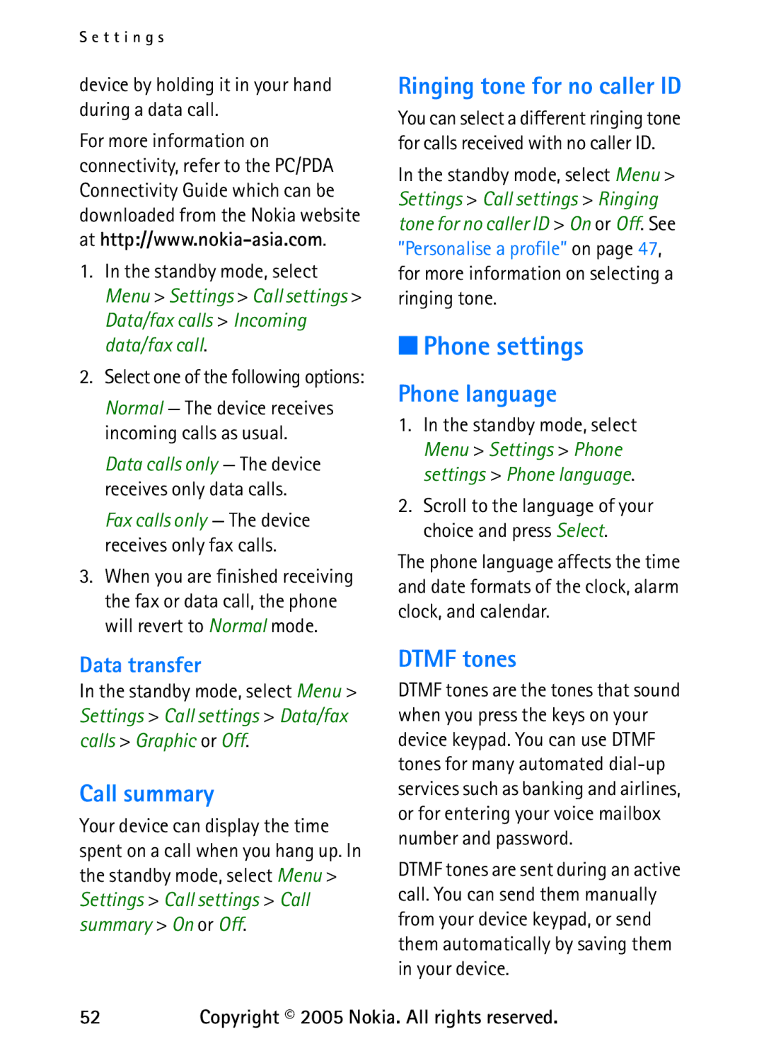 Nokia 6235 manual Phone settings, Call summary, Ringing tone for no caller ID, Phone language, Dtmf tones 