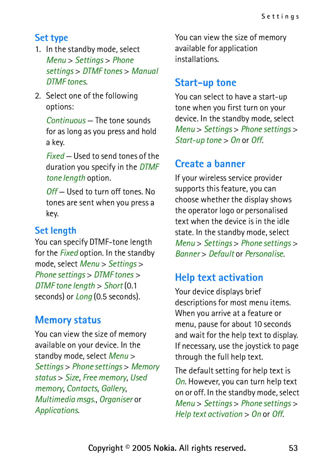 Nokia 6235 manual Memory status, Start-up tone, Create a banner, Help text activation 