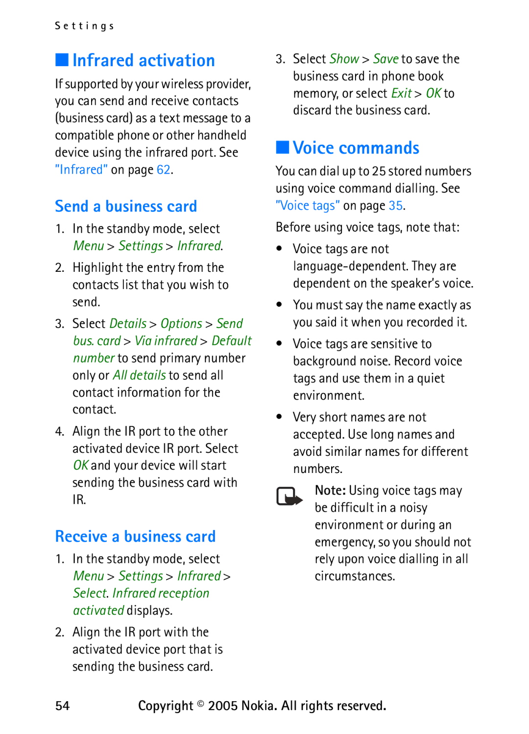 Nokia 6235 manual Infrared activation, Voice commands, Receive a business card, Standby mode, select Menu Settings Infrared 
