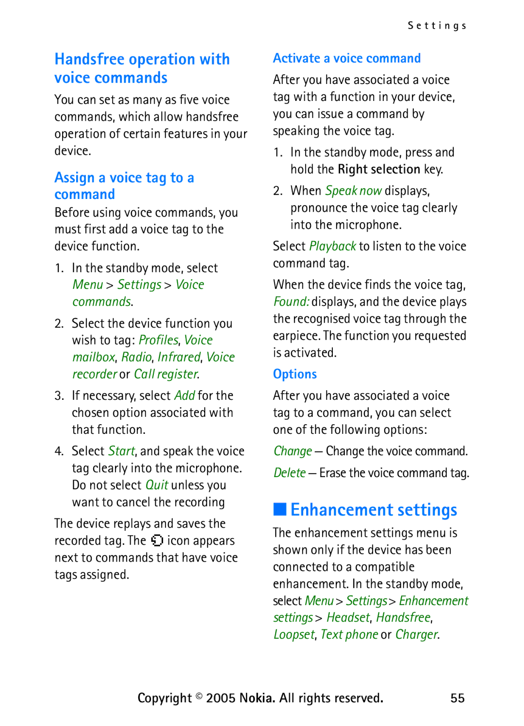 Nokia 6235 manual Enhancement settings, Handsfree operation with voice commands, Assign a voice tag to a command 