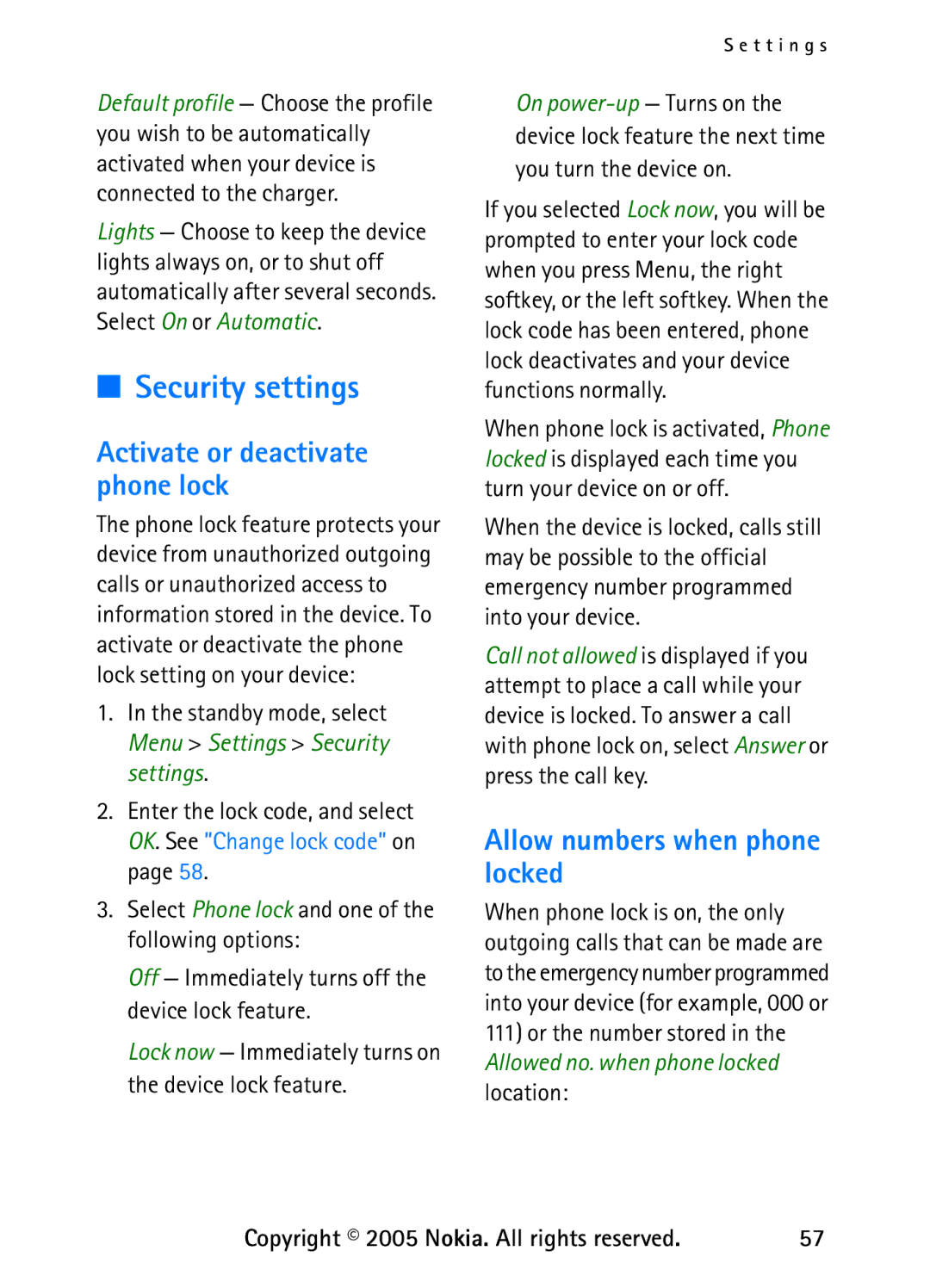 Nokia 6235 manual Security settings, Allow numbers when phone locked, Activate or deactivate phone lock 