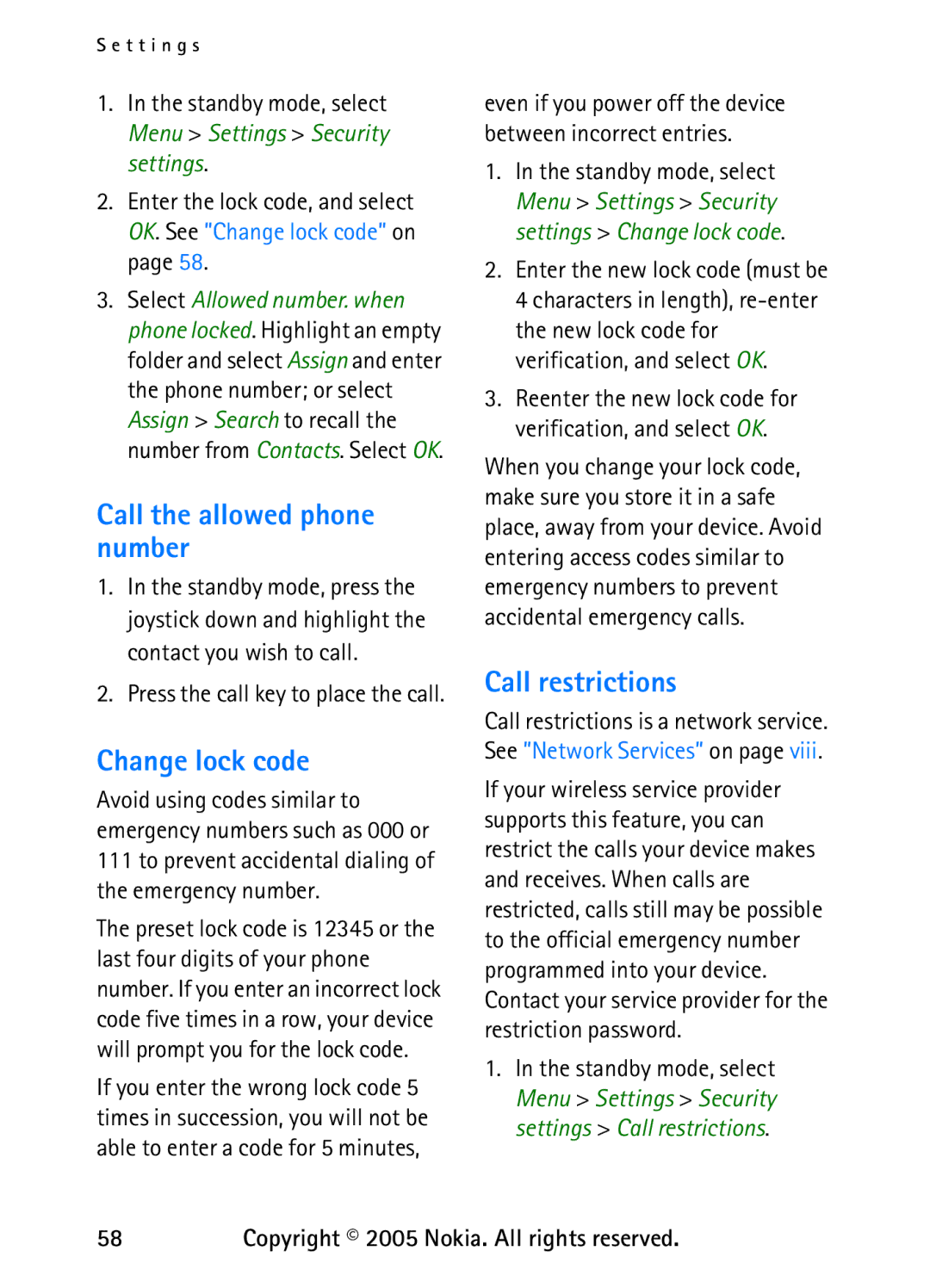 Nokia 6235 manual Call the allowed phone number, Change lock code, Call restrictions 