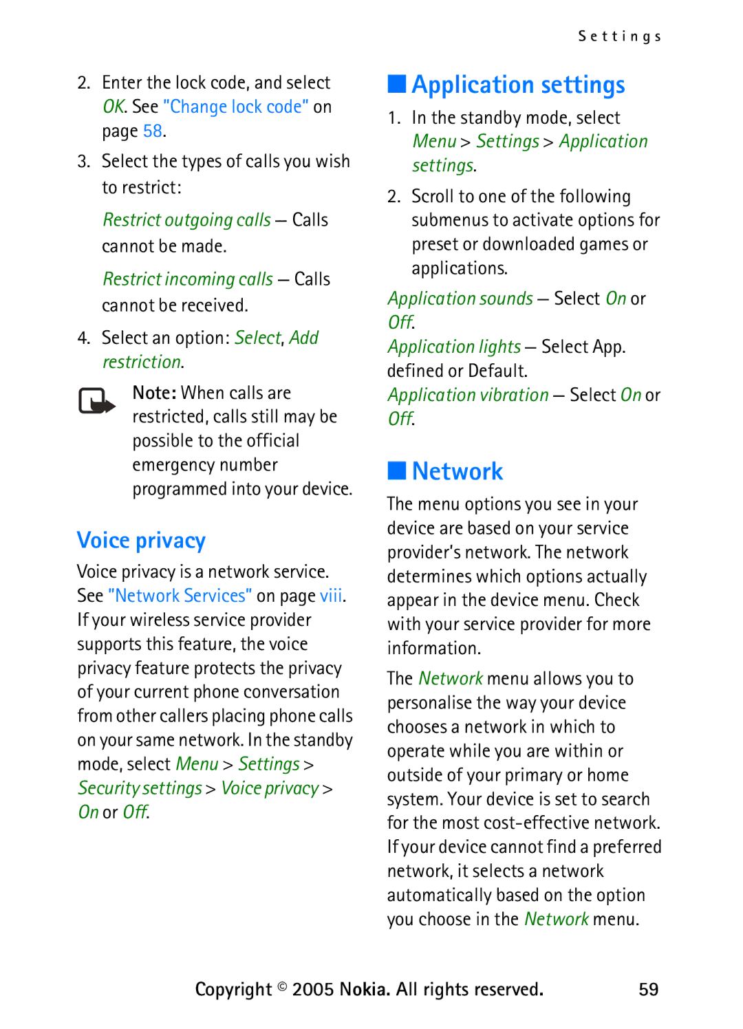 Nokia 6235 manual Application settings, Network, Voice privacy, Select an option Select, Add restriction 