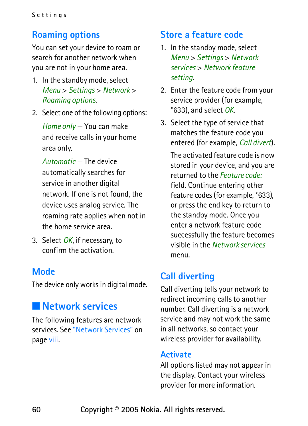 Nokia 6235 manual Roaming options, Store a feature code, Mode, Call diverting, Activate 