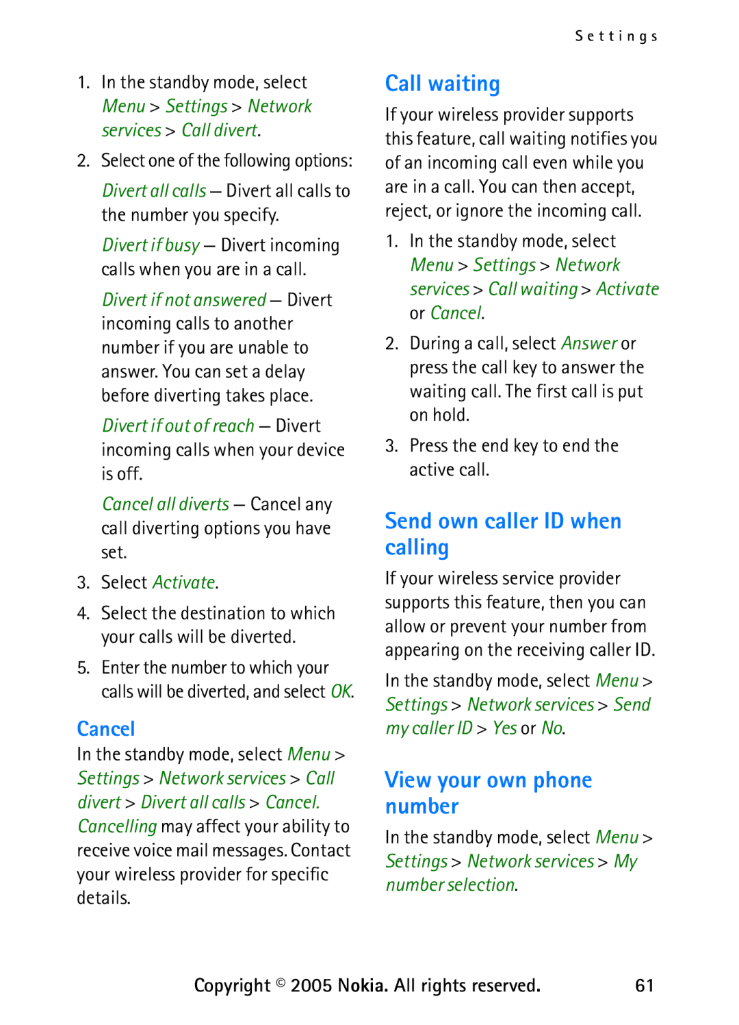 Nokia 6235 manual Call waiting, Send own caller ID when calling, View your own phone number, Cancel 