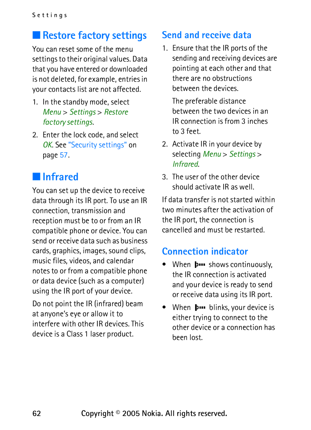 Nokia 6235 manual Infrared, Restore factory settings, Send and receive data, Connection indicator 
