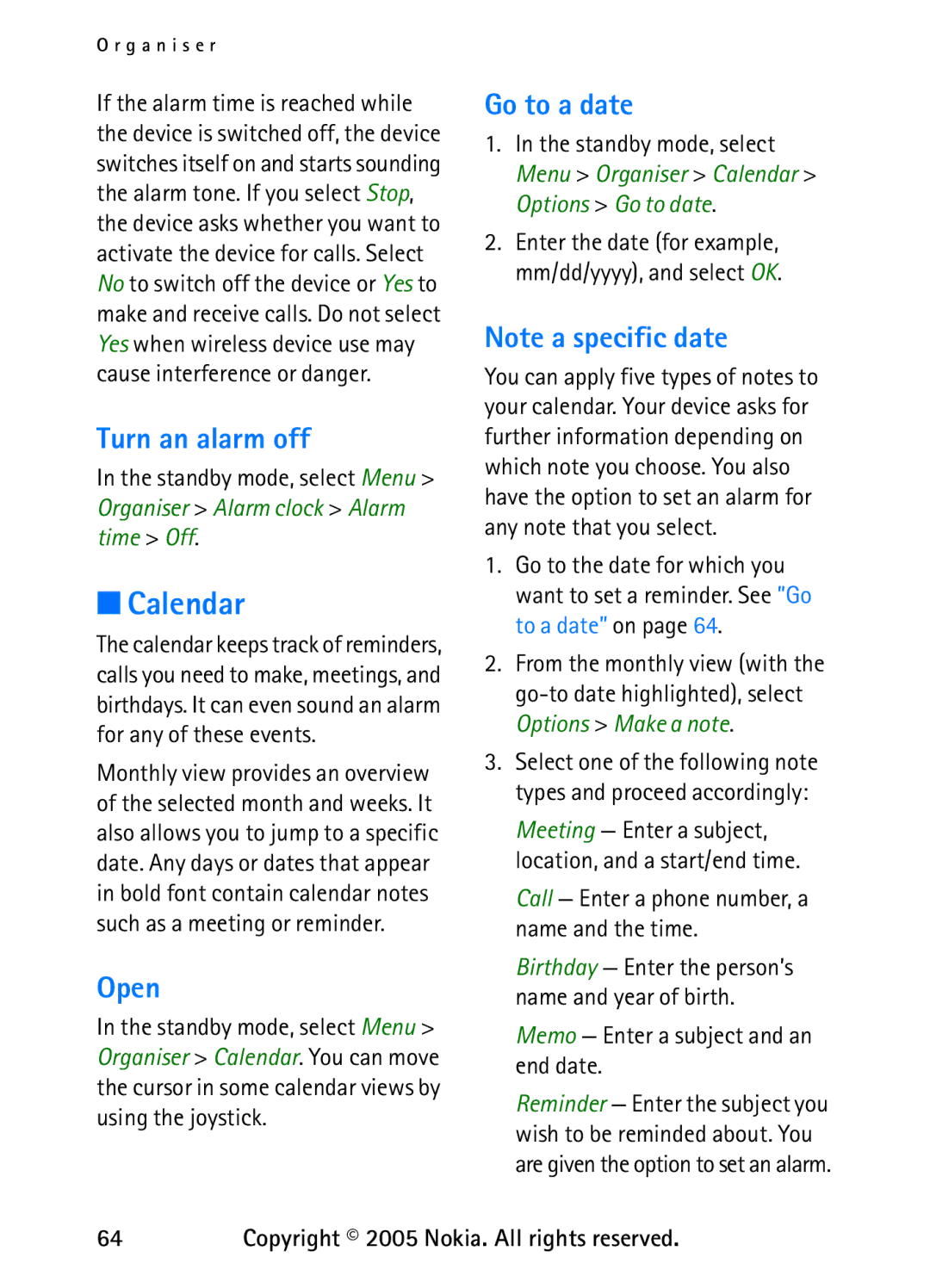 Nokia 6235 manual Calendar, Turn an alarm off, Open, Go to a date, Memo Enter a subject and an end date 