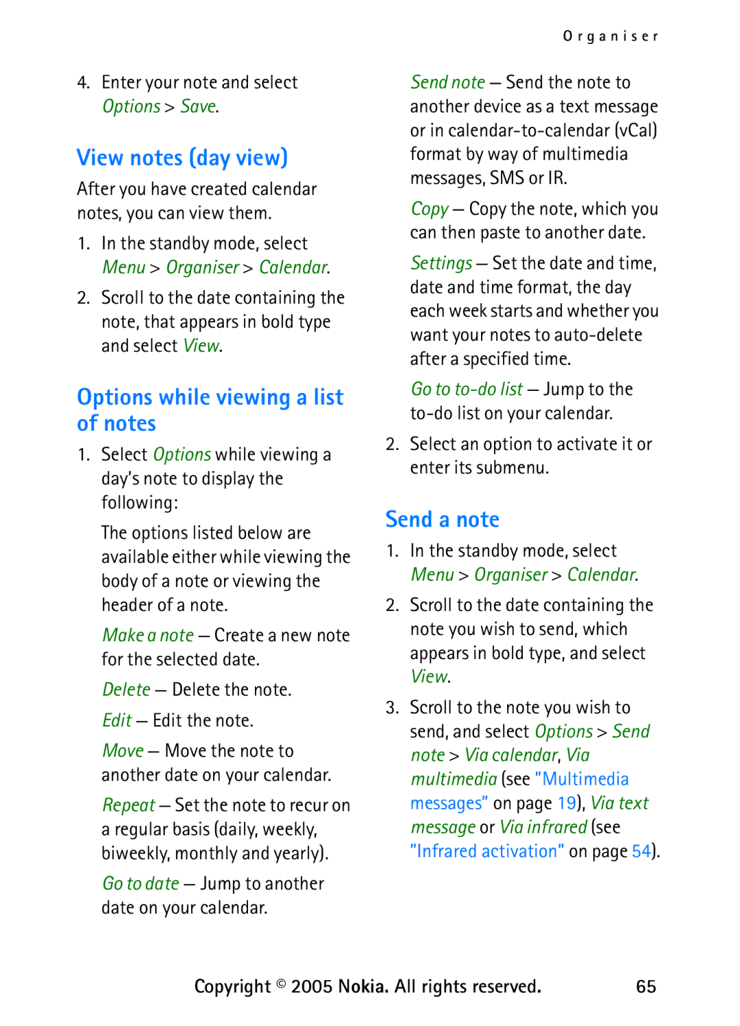 Nokia 6235 manual View notes day view, Options while viewing a list of notes, Send a note 