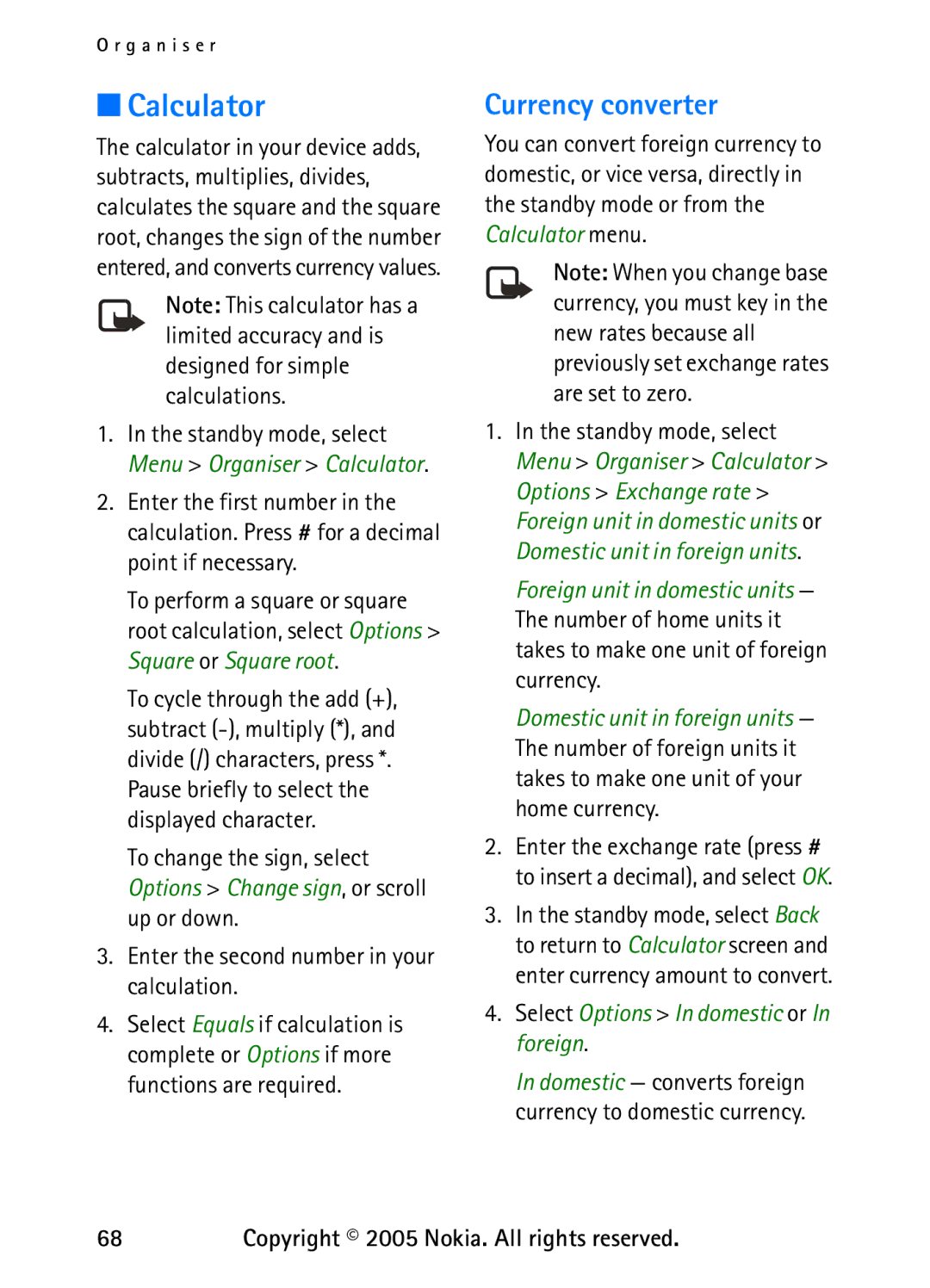 Nokia 6235 manual Calculator, Currency converter 