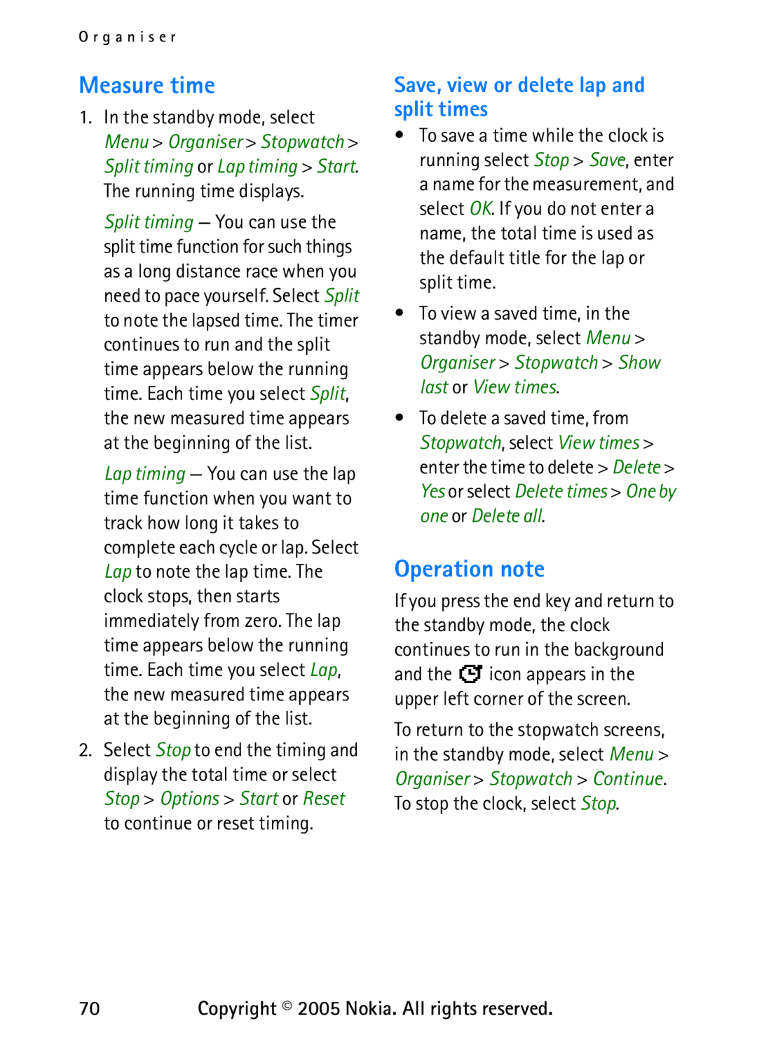 Nokia 6235 manual Measure time, Operation note, Save, view or delete lap and split times 