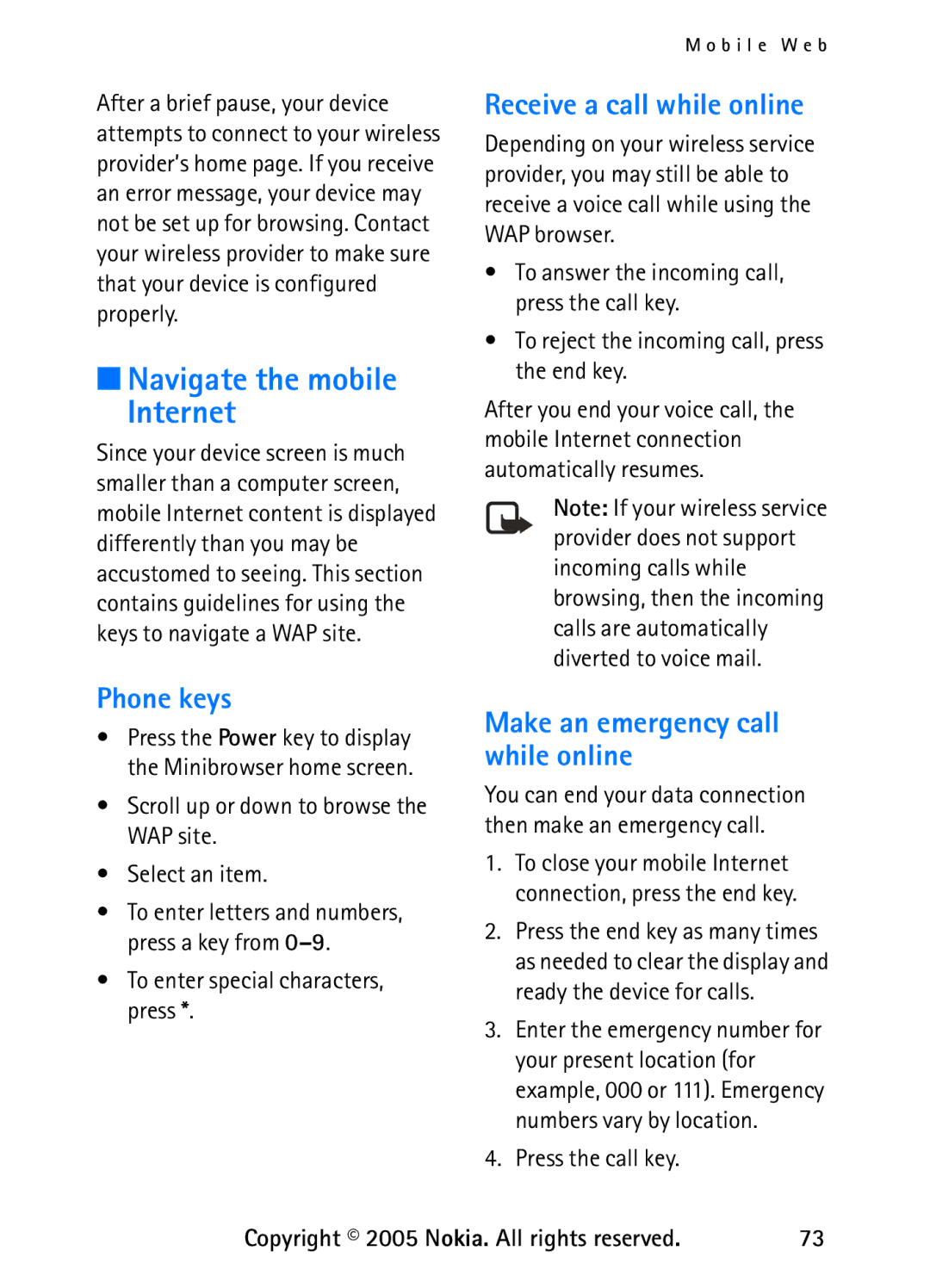 Nokia 6235 Navigate the mobile Internet, Phone keys, Receive a call while online, Make an emergency call while online 