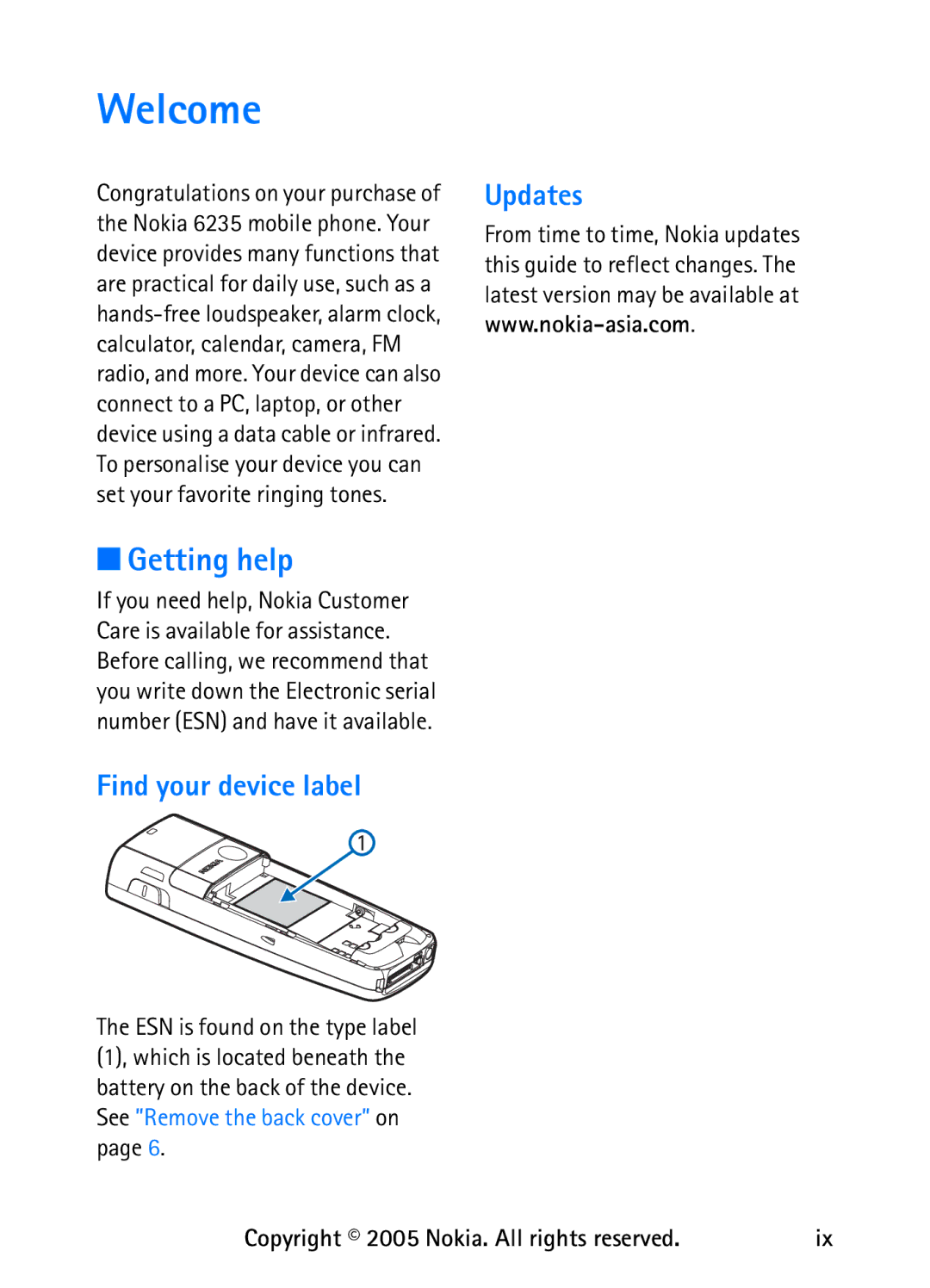 Nokia 6235 manual Welcome, Getting help, Find your device label, Updates 