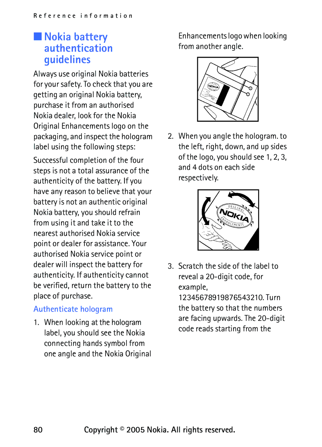 Nokia 6235 manual Nokia battery authentication guidelines, Enhancements logo when looking from another angle 