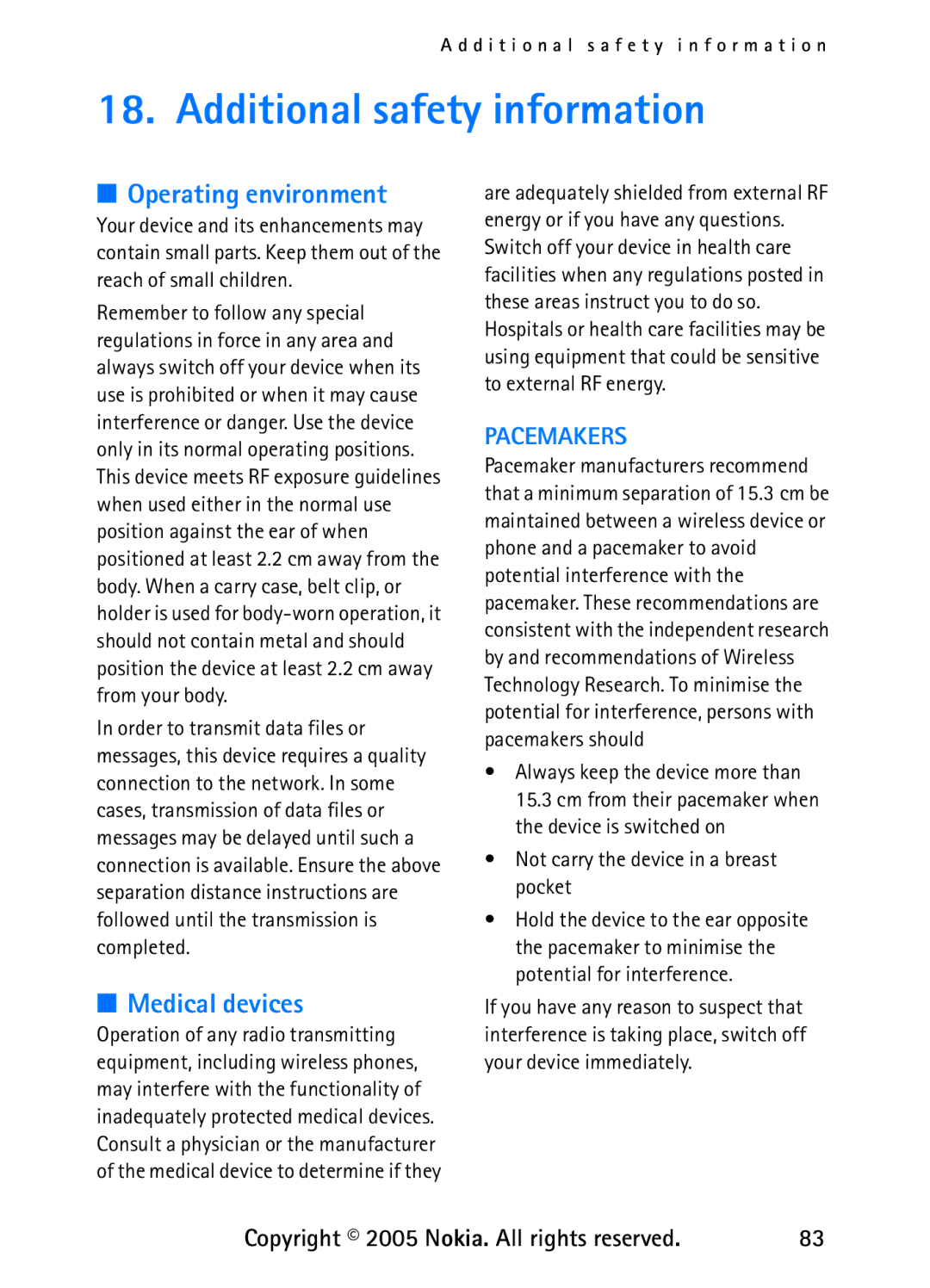 Nokia 6235 Additional safety information, Operating environment, Medical devices, Not carry the device in a breast pocket 