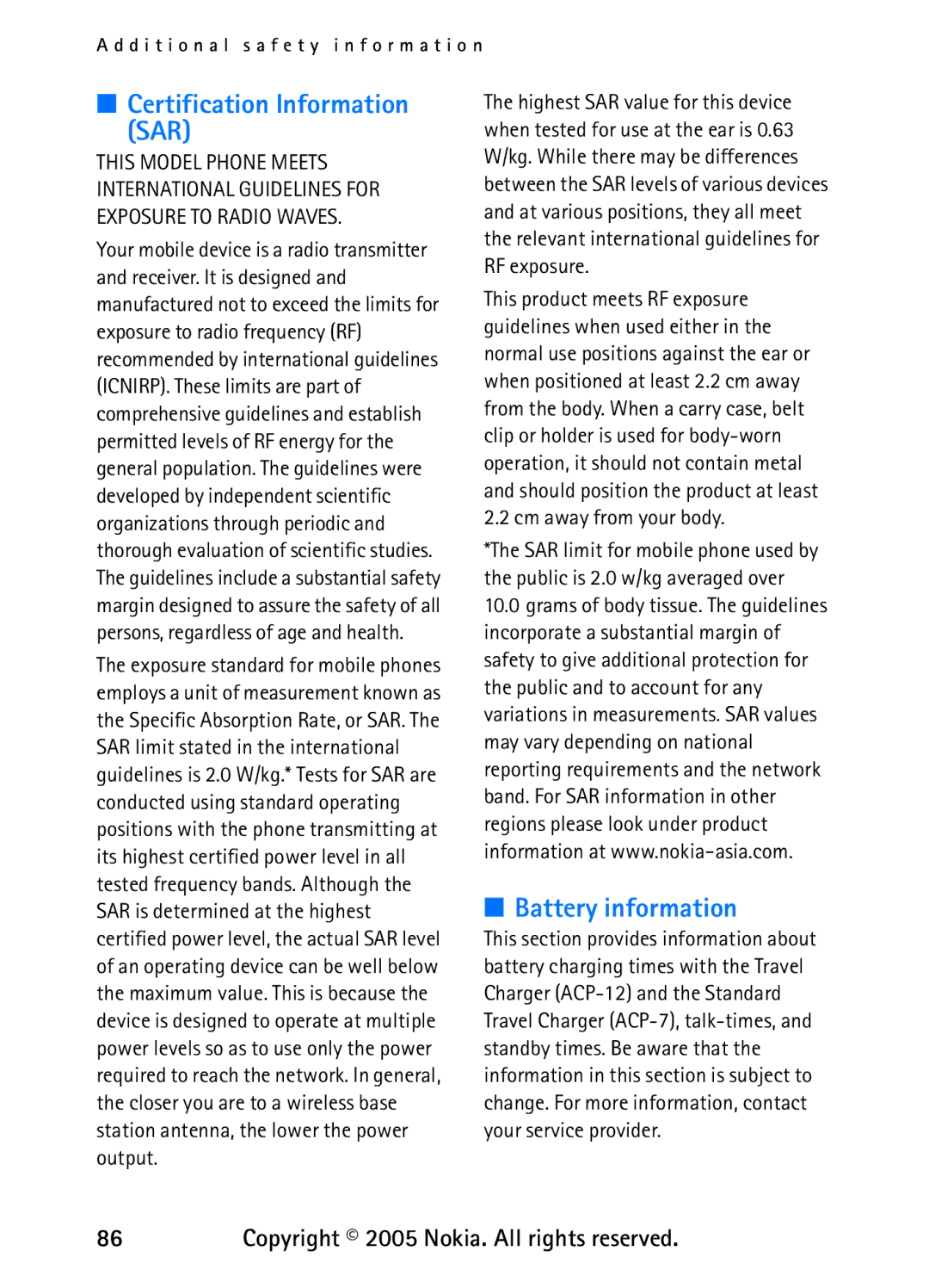 Nokia 6235 manual Certification Information SAR, Battery information 
