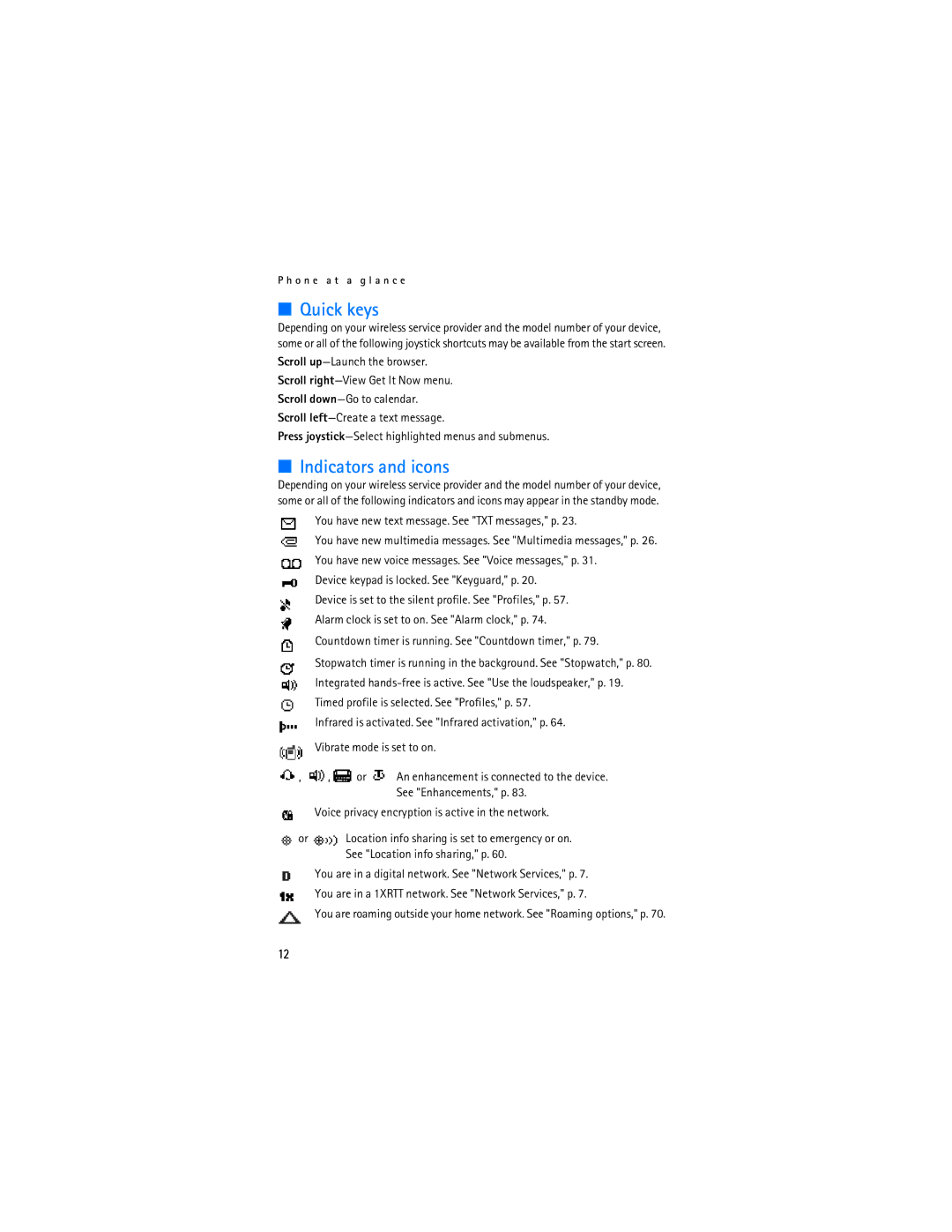 Nokia 6236i manual Quick keys, Indicators and icons 