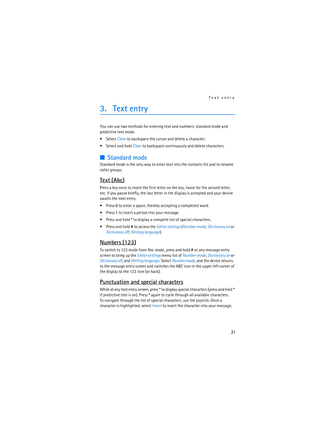 Nokia 6236i manual Text entry, Standard mode, Text Abc, Numbers, Punctuation and special characters 