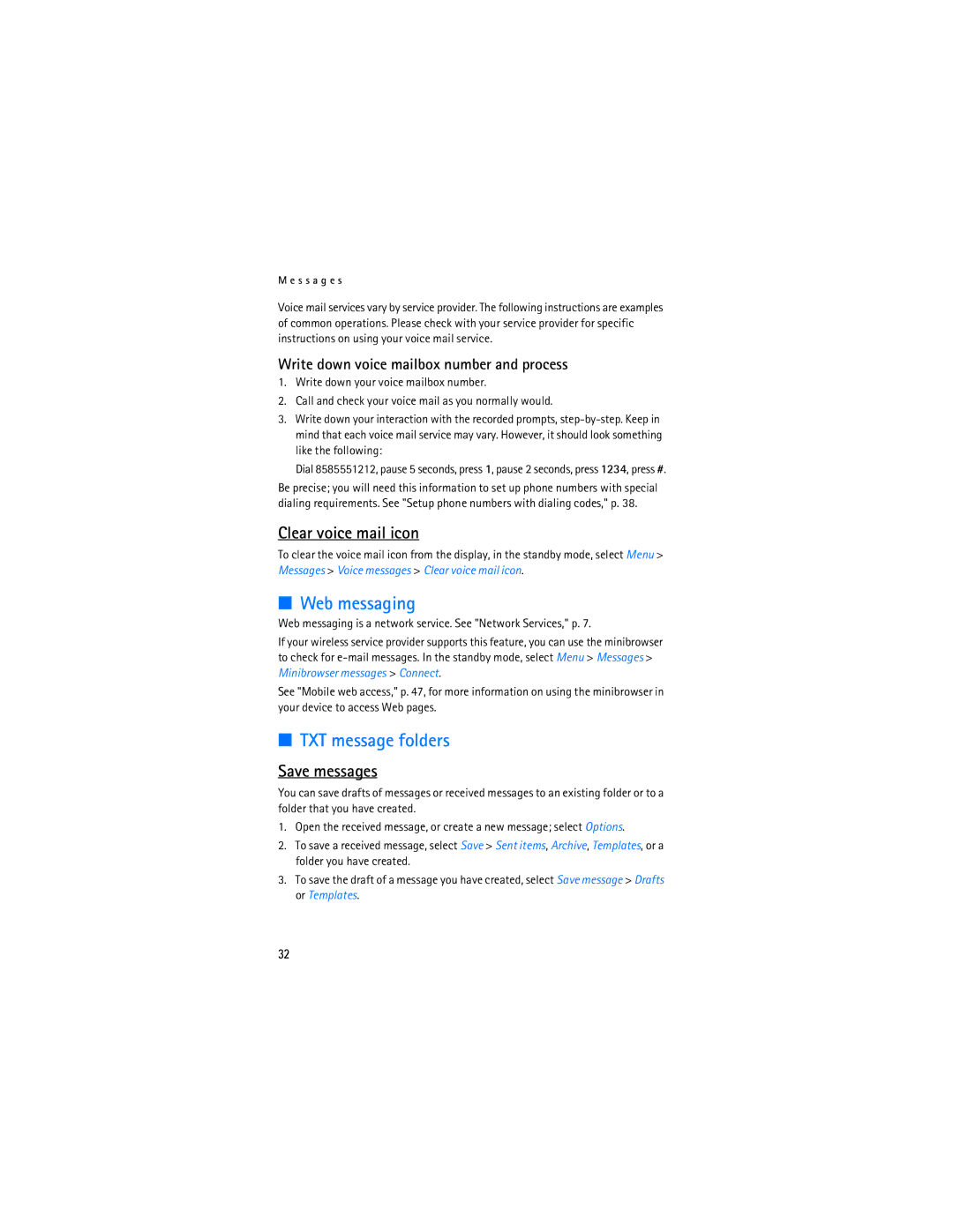 Nokia 6236i manual Web messaging, TXT message folders, Clear voice mail icon, Save messages 